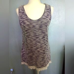Gray & Black Blurred DesignTank Top With Cream Crochet Trim